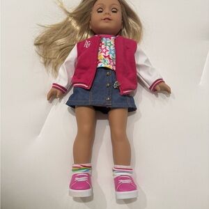 American Girl Doll blonde with blue eyes - Pink Jacket & Denim Skirt Out of box